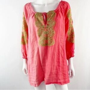 EUC Soft Surroundings Pink Pinstripe Boho Blouse with Gold Embroidery Large